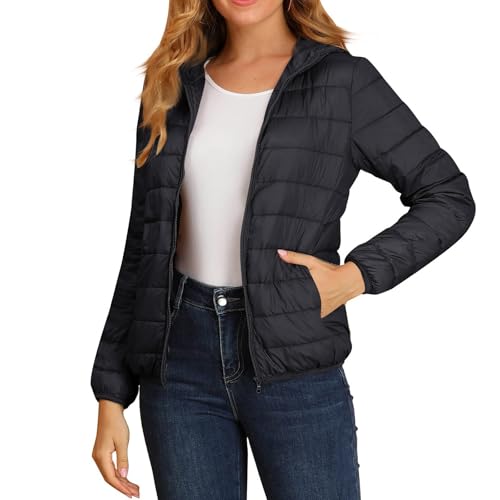 Steppjacke Damen Leicht Große Größen mit Kapuze Winter Steppmantel Kurz Übergang Stepp Jacken Damen mit Zip Taschen Leicht Daunenjacke Outdoor Dünn Übergröße Puffer Jacke Winter Crop Winterjacke von ZRYAZQ