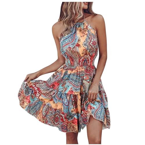 Strandkleid Damen Luftig Knielang Boho Neckholder Sommerkleid Damen A Linie Ärmellos Rüschen Kleider Sommer Elegant Rückenfrei Sommerkleider Frauen Leicht Und Luftig Boho Trägerkleid Schwingen von ZRYAZQ