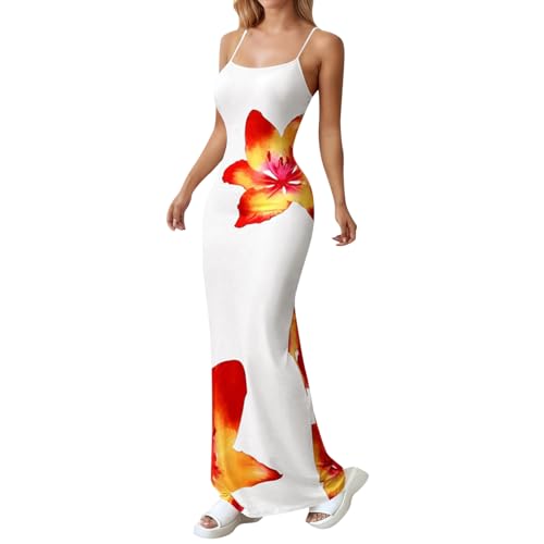 Trägerkleid Damen Lang Blumen Curvy Sommerkleid Damen Spaghettiträger Maxi Kleider Sommer Elegant Rückenfrei Sommerkleider Frauen Leicht Und Luftig Maxikleid Sommer Ärmellos Strandkleid Träger von ZRYAZQ