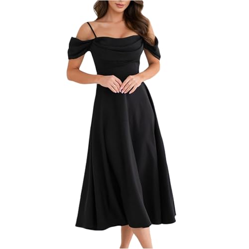 Trägerkleid Damen Lang Cold Shoulder Kleid Hochzeitsgast Damen Midi A Linie Schwingen Kleider Sommer Elegant Rückenfrei Sommerkleid Frauen Lang Spaghettiträger Sommerkleider Leicht Und Luftig von ZRYAZQ