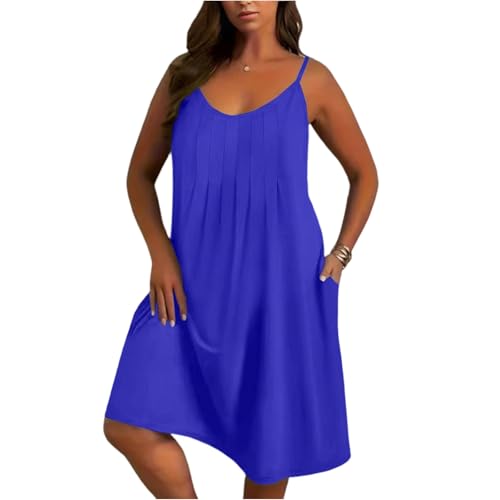 Trägerkleid Damen Sommer Große Größen Midi Kleid Damen Sommer Lang Elegant Spaghettiträger Sommerkleid Plissee Mollig Kleider A Linie Sommerkleider Leicht und Luftig Midikleid Träger Strandkleid von ZRYAZQ