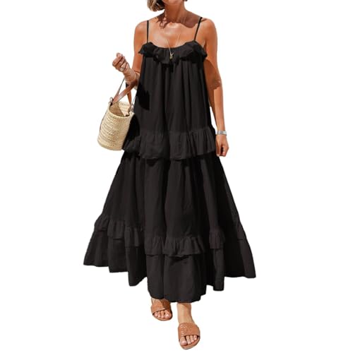 Trägerkleid Damen Sommer Lang Rüschen Strandkleid Damen Maxi Luftig Baumwolle Sommerkleid Elegant A Linie Spaghettiträger Sommerkleider Leicht Und Luftig Maxikleid Sommer Ärmellos Weite Kleider von ZRYAZQ