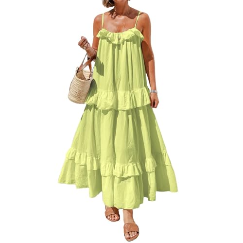Trägerkleid Damen Sommer Lang Rüschen Strandkleid Damen Maxi Luftig Baumwolle Sommerkleid Elegant A Linie Spaghettiträger Sommerkleider Leicht Und Luftig Maxikleid Sommer Ärmellos Weite Kleider von ZRYAZQ