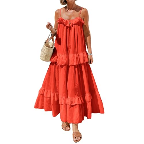 Trägerkleid Damen Sommer Lang Rüschen Strandkleid Damen Maxi Luftig Baumwolle Sommerkleid Elegant A Linie Spaghettiträger Sommerkleider Leicht Und Luftig Maxikleid Sommer Ärmellos Weite Kleider von ZRYAZQ