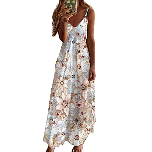 Trägerkleid Damen Sommer Lang V Ausschnitt Sommerkleider Leicht Und Luftig Strandkleid Lang Spaghettiträger Sommerkleid Elegant Maxi A Linie Muster Kleider Frauen Sommer Blumen Maxikleid von ZRYAZQ