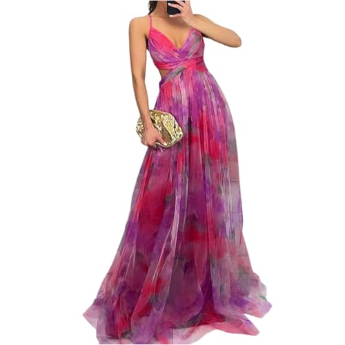 Tüll Kleid Hochzeitsgast Damen Lang Träger V Ausschnitt Kleider Damen Festlich Elegant Hochzeit Maxikleider Sommer Festliche Sommerkleid A Linie Rückenfrei Maxi Trägerkleid Leicht Sommerkleider von ZRYAZQ