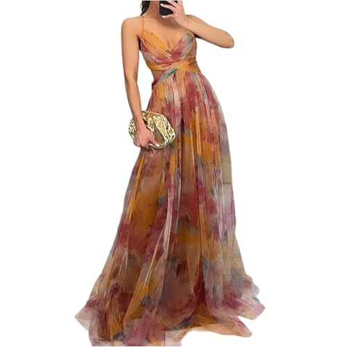 Tüll Kleid Hochzeitsgast Damen Lang Träger V Ausschnitt Kleider Damen Festlich Elegant Hochzeit Maxikleider Sommer Festliche Sommerkleid A Linie Rückenfrei Maxi Trägerkleid Leicht Sommerkleider von ZRYAZQ