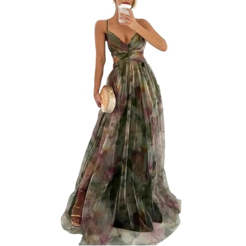 Tüll Kleid Hochzeitsgast Damen Lang Träger V Ausschnitt Kleider Damen Festlich Elegant Hochzeit Maxikleider Sommer Festliche Sommerkleid A Linie Rückenfrei Maxi Trägerkleid Leicht Sommerkleider von ZRYAZQ