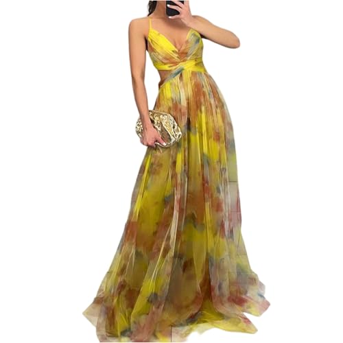 Tüll Kleid Hochzeitsgast Damen Lang Träger V Ausschnitt Kleider Damen Festlich Elegant Hochzeit Maxikleider Sommer Festliche Sommerkleid A Linie Rückenfrei Maxi Trägerkleid Leicht Sommerkleider von ZRYAZQ