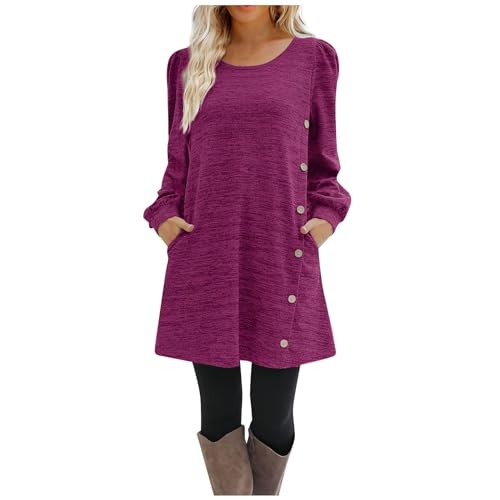 Winterkleid Damen Elegant Kurz mit Knopfleiste Pulloverkleid Damen Winter Langarm A Linie Herbstkleid Damen Locker mit Taschen Sweatkleid Rundhals Shirtkleid Frauen Casual Winterkleider von ZRYAZQ