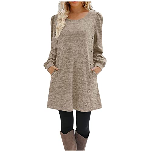 Winterkleid Damen Elegant Kurz mit Knopfleiste Pulloverkleid Damen Winter Langarm A Linie Herbstkleid Damen Locker mit Taschen Sweatkleid Rundhals Shirtkleid Frauen Casual Winterkleider von ZRYAZQ