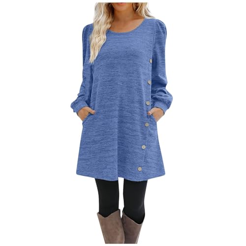Winterkleid Damen Elegant Kurz mit Knopfleiste Pulloverkleid Damen Winter Langarm A Linie Herbstkleid Damen Locker mit Taschen Sweatkleid Rundhals Shirtkleid Frauen Casual Winterkleider von ZRYAZQ