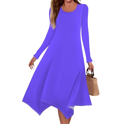 Winterkleid Damen Lang Elegant A-Linien Kleid Damen Midi Langarm Herbstkleid Damen Unregelmäßiger Saum Kleider Frauen Rundhals Casual Winterkleider Einfarbig Midikleider Alltag Leicht von ZRYAZQ