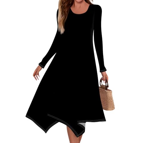Winterkleid Damen Lang Elegant A-Linien Kleid Damen Midi Langarm Herbstkleid Damen Unregelmäßiger Saum Kleider Frauen Rundhals Casual Winterkleider Einfarbig Midikleider Alltag Leicht von ZRYAZQ