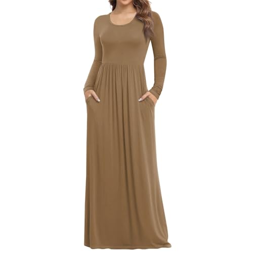 Winterkleid Damen Lang Elegant Plissee Kleid Damen Langarm A-Linien Kleider Rundhals Dünne Herbstkleid Damen Maxi mit Taschen Plisseekleid Frauen Einfarbig Maxikleider Casual Winterkleider von ZRYAZQ