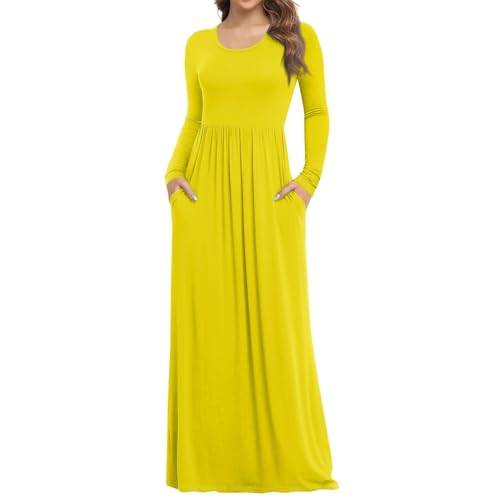 Winterkleid Damen Lang Elegant Plissee Kleid Damen Langarm A-Linien Kleider Rundhals Dünne Herbstkleid Damen Maxi mit Taschen Plisseekleid Frauen Einfarbig Maxikleider Casual Winterkleider von ZRYAZQ