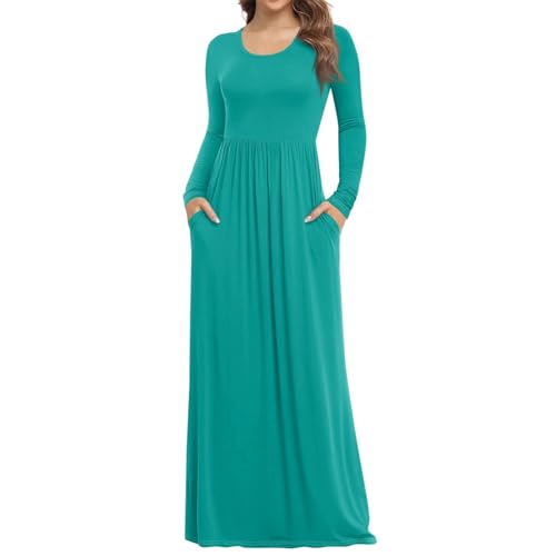Winterkleid Damen Lang Elegant Plissee Kleid Damen Langarm A-Linien Kleider Rundhals Dünne Herbstkleid Damen Maxi mit Taschen Plisseekleid Frauen Einfarbig Maxikleider Casual Winterkleider von ZRYAZQ