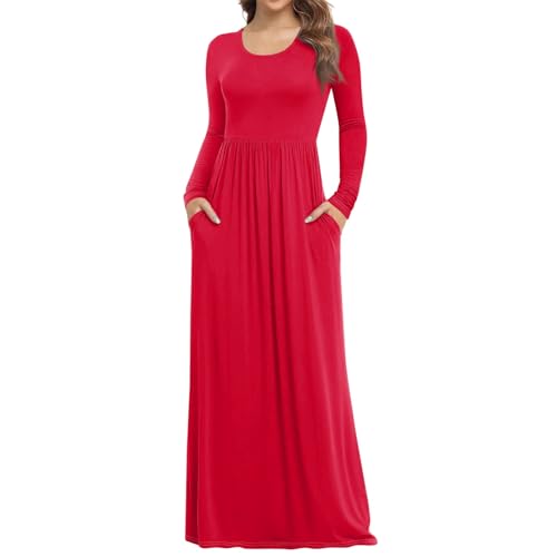 Winterkleid Damen Lang Elegant Plissee Kleid Damen Langarm A-Linien Kleider Rundhals Dünne Herbstkleid Damen Maxi mit Taschen Plisseekleid Frauen Einfarbig Maxikleider Casual Winterkleider von ZRYAZQ