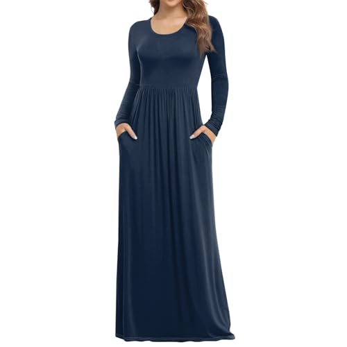 Winterkleid Damen Lang Elegant Plissee Kleid Damen Langarm A-Linien Kleider Rundhals Dünne Herbstkleid Damen Maxi mit Taschen Plisseekleid Frauen Einfarbig Maxikleider Casual Winterkleider von ZRYAZQ