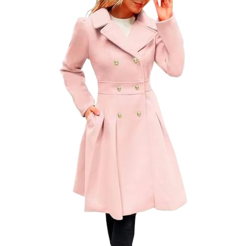 Wintermantel Damen A Linie Lang Vintage Wollmantel Damen Winter Warm Elegant Revers Trenchcoat Lange Zweireihig Warme Mantel Winter Dicke Damenmantel Einfarbig mit Knöpfen Übergangsjacke von ZRYAZQ