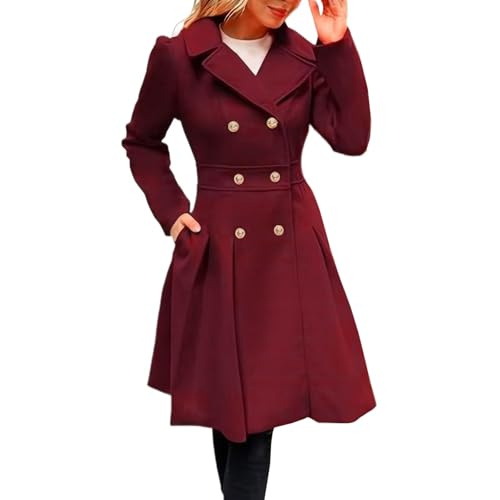 Wintermantel Damen A Linie Lang Vintage Wollmantel Damen Winter Warm Elegant Revers Trenchcoat Lange Zweireihig Warme Mantel Winter Dicke Damenmantel Einfarbig mit Knöpfen Übergangsjacke von ZRYAZQ