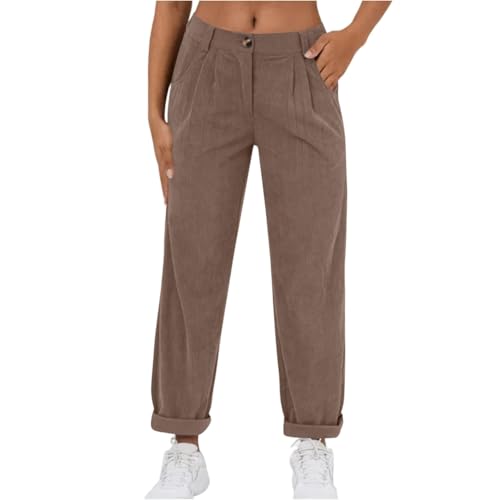 ZRYAZQ Cordhose Damen Gerades Bein Lang Cord Hosen Damen High Waist Baggy Hose mit Knopfleiste Elegant Damenhosen Elastisch Bund mit Taschen Marlenehose Kuschelige Freizeithose Frauen Einfarbig von ZRYAZQ