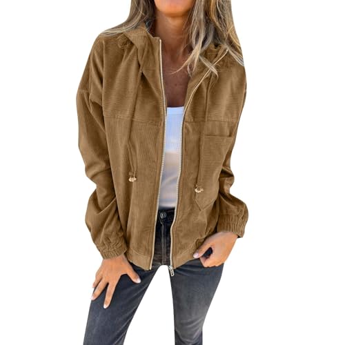 ZRYAZQ Cordjacke Damen mit Reissverschluss Mantel Damen Elegant Langarm mit Kapuze Cordhemd Jacke Damen Übergangsjacke Herbstwinter Jacken mit Taschen Freizeitjacke mit Tunnelzug Oberteile Casual von ZRYAZQ