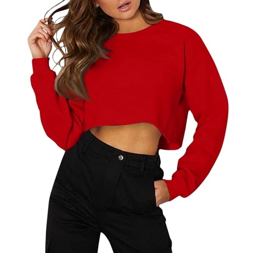 ZRYAZQ Crop Pullover Damen Einfarbig Sport Sweatshirt Damen Dünne Langarm Langarmshirt Damen Elegant Bauchfrei Oberteile Rundhals Casual Tops Kurz Locker Pullover Herbstwinter Damenpullover von ZRYAZQ