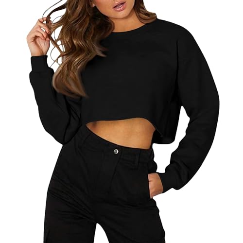 ZRYAZQ Crop Pullover Damen Einfarbig Sport Sweatshirt Damen Dünne Langarm Langarmshirt Damen Elegant Bauchfrei Oberteile Rundhals Casual Tops Kurz Locker Pullover Herbstwinter Damenpullover von ZRYAZQ