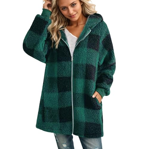 ZRYAZQ Damen Fleecejacke Lang Kariert Teddyjacke Damen mit Kapuze Oversize Plüschmantel Warm Reissverschluss Teddy Mantel Damen Winter Warme Winterjacke Flauschig Lange Wintermantel Fleece Jacke von ZRYAZQ