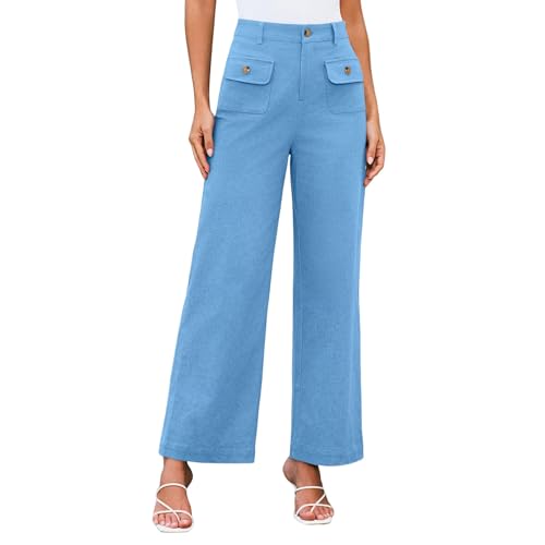 ZRYAZQ Damen Hosen Sommer Lang Elegant Straight Sommerhose Damen Leicht Weit Hoher Bund Palazzo Hose Sommer Mit Knöpfen Sommerhosen Frauen Leicht Und Luftig Marlenehose Mit Taschen Damenhosen von ZRYAZQ