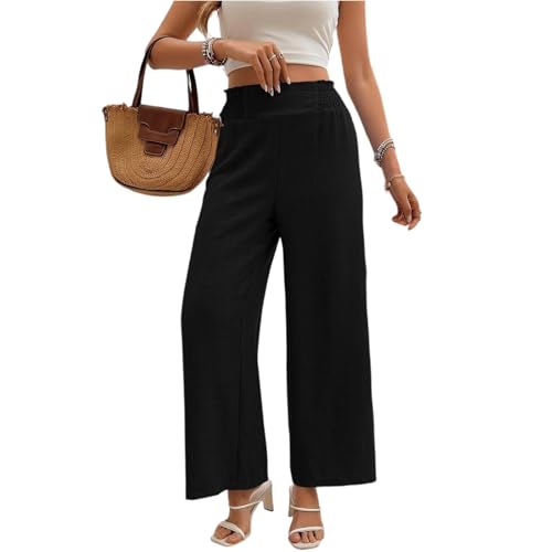 ZRYAZQ Damen Leinenhose Sommer Lang Weit Sommerhose Damen Leicht Weites Bein Hohe Taile Hose Sommer Gummizug Elegant Palazzo Hose Frauen Baumwolle Leinen Sommerhosen Leicht Und Luftig Freizeithose von ZRYAZQ