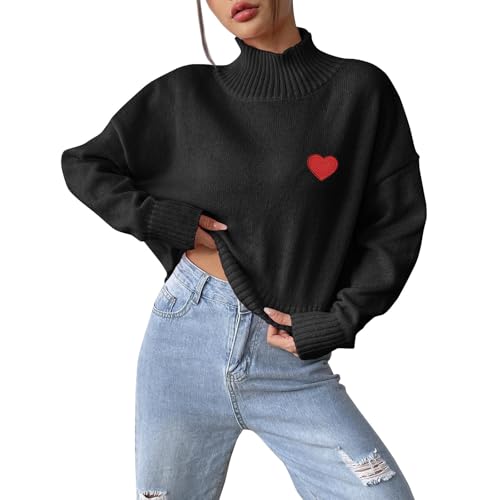 ZRYAZQ Damen Pulli Winter Rollkragen Strickpullover Damen Grobstrick mit Herz Pullover Damen Elegant Stickerei Liebe Winterpulli Warm Damenpullover Langarm Kurz Winterpullover Einfarbig Strickpulli von ZRYAZQ