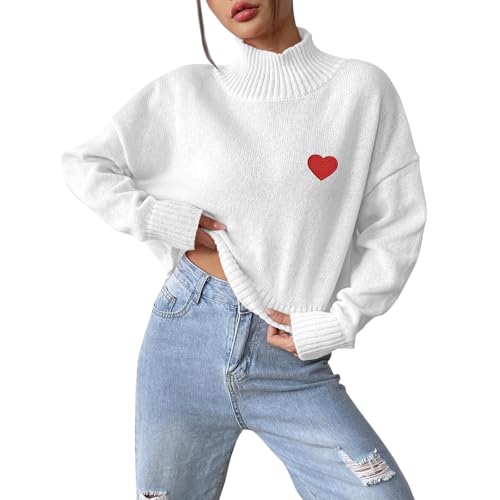 ZRYAZQ Damen Pulli Winter Rollkragen Strickpullover Damen Grobstrick mit Herz Pullover Damen Elegant Stickerei Liebe Winterpulli Warm Damenpullover Langarm Kurz Winterpullover Einfarbig Strickpulli von ZRYAZQ