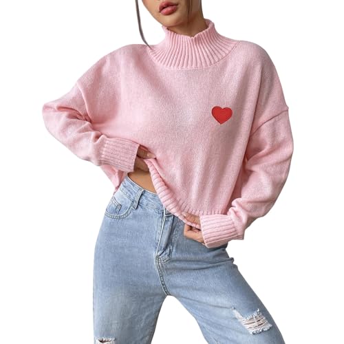 ZRYAZQ Damen Pulli Winter Rollkragen Strickpullover Damen Grobstrick mit Herz Pullover Damen Elegant Stickerei Liebe Winterpulli Warm Damenpullover Langarm Kurz Winterpullover Einfarbig Strickpulli von ZRYAZQ