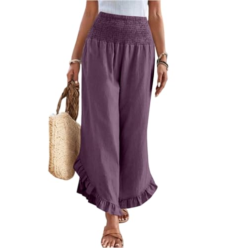 ZRYAZQ Damen Sommerhose Leicht Und Luftig Lang Leinenhose Damen Sommer Weites Bein Boho Mit Gummizug Hosen Sommer Baggy Hohe Taile Rüschen Palazzo Hose Frauen Baumwolle Leinen Strandhose Plissee von ZRYAZQ