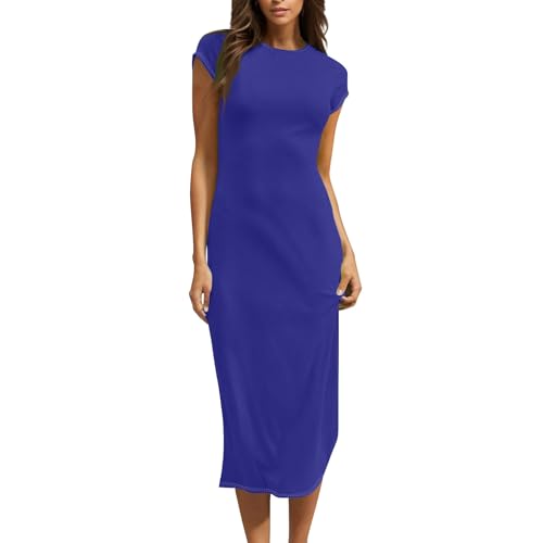ZRYAZQ Damen Sommerkleid Lang Kurzarm Blusenkleid Damen Elegant Rundhals Midi Kleider Sommer Luftig Sommerkleider Frauen Leicht Luftig Midikleid Slim Tunika Kleid Sommer Einfarbig Strandkleid Casual von ZRYAZQ