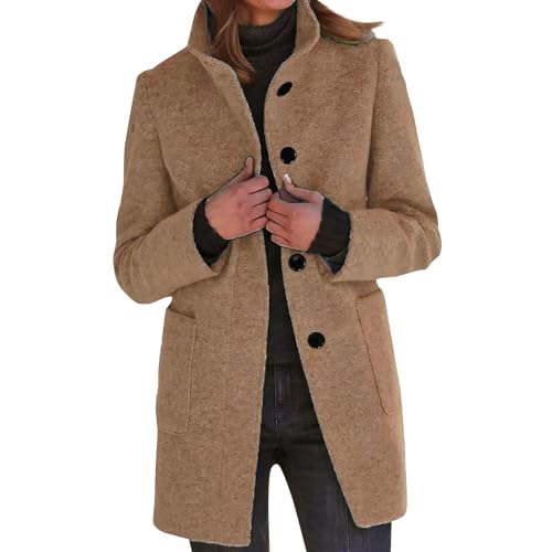 Damen Trenchcoat Lang Wollmantel Damen Winter Warm Mantel Damen Elegant Stehkragen Wintermantel Einfarbig Winterjacke mit Taschen Jacke Revers Dufflecoat mit Knöpfen Damenjacke Urlaub Reisen von ZRYAZQ