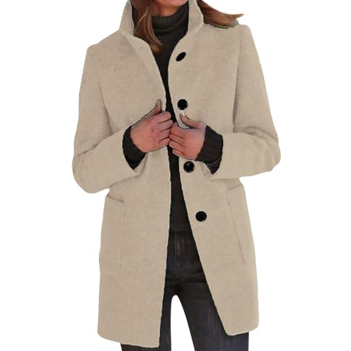 Damen Trenchcoat Lang Wollmantel Damen Winter Warm Mantel Damen Elegant Stehkragen Wintermantel Einfarbig Winterjacke mit Taschen Jacke Revers Dufflecoat mit Knöpfen Damenjacke Urlaub Reisen von ZRYAZQ