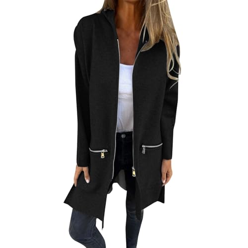 ZRYAZQ Damen Wintermantel Lang mit Reissverschluss Wollmantel Damen Winter mit Kapuze Übergangsjacke Damen Elegant Trenchcoat mit Taschen Winterjacke mit Reißverschlußtaschen Windmantel Outwear von ZRYAZQ
