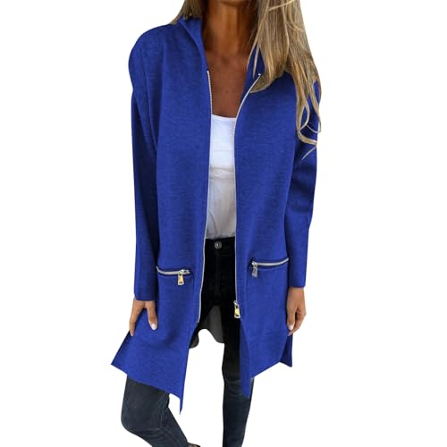 ZRYAZQ Damen Wintermantel Lang mit Reissverschluss Wollmantel Damen Winter mit Kapuze Übergangsjacke Damen Elegant Trenchcoat mit Taschen Winterjacke mit Reißverschlußtaschen Windmantel Outwear von ZRYAZQ