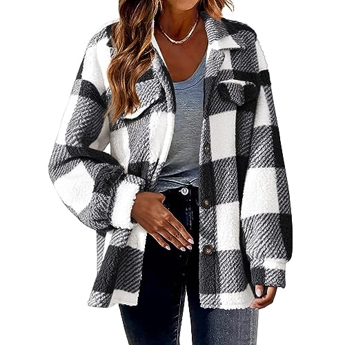 ZRYAZQ Fleecejacke Damen Große Größen Winterjacke Damen Warm Kariert Hemdjacke Oversized Flauschig Dicke Wintermantel Damen Fleece Teddyjacke Winter Warme Plüschjacke Revers Fleecemantel mit Knöpfen von ZRYAZQ