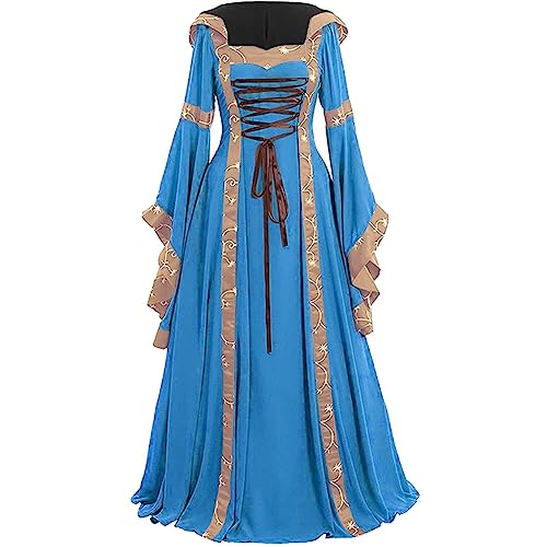 ZRYAZQ Halloween Kostüm Damen Gothic Kleid Mittelalterliches Kleid mit Trompetenärmeln Gebundene Taille Abendkleid Lang Halloween Party Damen Tunika Kleid Vintage Maxikleid Damen Karneval Kostüm von ZRYAZQ