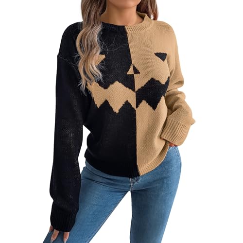 ZRYAZQ Halloween Pulli Damen Grobstrick Farbblock Pullover Damen Halloween Gruseliges Gesicht Strickpullover Damen Grobmaschig Langarm Winterpullover Damen Warm Grobstrickpullover Winter Strickpulli von ZRYAZQ