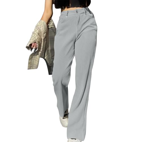 ZRYAZQ Hose Damen Cord Lang Gerades Bein Hosen Damen Elegant Bequeme Hohe Taile Cordhose Weite Damenhosen Lang mit Knopfleiste Baggy Schlupfhose Frauen mit Taschen Marlenehose Freizeithose von ZRYAZQ