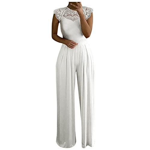 ZRYAZQ Jumpsuit Damen Elegant Festlich Mit Spitze Overall Damen Sommer Lang Hochzeit Jumpsuits Sommer Weites Bein Häkel Spitze Hosenanzug Festliche Ärmellos Playsuit Frauen Wide Leg Romper Tailliert von ZRYAZQ