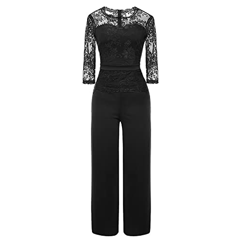 ZRYAZQ Jumpsuit Damen Elegant Festlich mit Spitze Overall Damen Sommer Lang Hochzeit Jumpsuits Sommer Weites Bein 3/4 Arm Playsuit Elegant Spitze Patchwork Romper Lang Hosenanzug Festlich Einteiler von ZRYAZQ