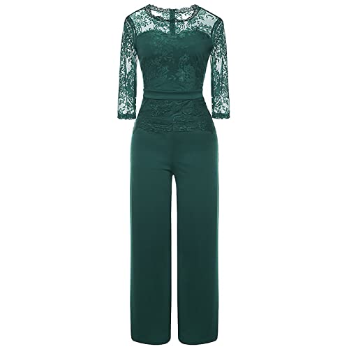 ZRYAZQ Jumpsuit Damen Elegant Festlich mit Spitze Overall Damen Sommer Lang Hochzeit Jumpsuits Sommer Weites Bein 3/4 Arm Playsuit Elegant Spitze Patchwork Romper Lang Hosenanzug Festlich Einteiler von ZRYAZQ
