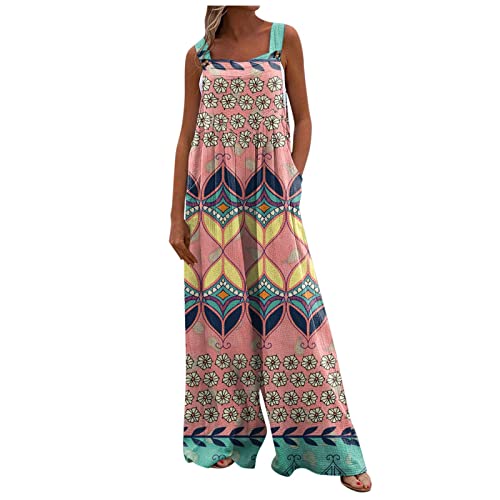 ZRYAZQ Jumpsuit Damen Sommer Lang Weites Bein Boho Latzhose Damen Sommer Ärmellos Leinen Overall Elegant mit Träger Jumpsuits Bohemian mit Taschen Knöpfe Latzhosen Frauen Blumen Locker Playsuit von ZRYAZQ