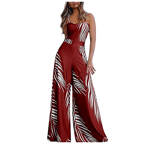 ZRYAZQ Jumpsuit Damen Sommer Lang Weites Bein Muster Overall Damen Sommer Elegant Spagethiträger Jumpsuits Träger Ärmellos Elegante Playsuit Frauen Lang mit Tasche Romper Lässig Hosenanzug Einteiler von ZRYAZQ